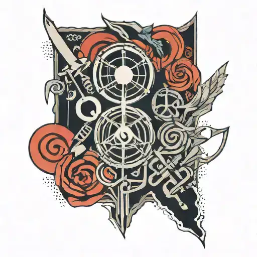 A mashup tattoo design with elements from Radiohead and Aphex Twin album covers, with norse symbol for eternal love tattoo design idea