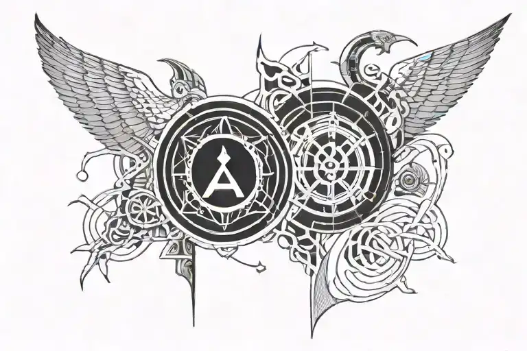 A mashup tattoo design with elements from Aphex Twin and Mogwai album covers, with norse symbols incorporated tattoo design idea