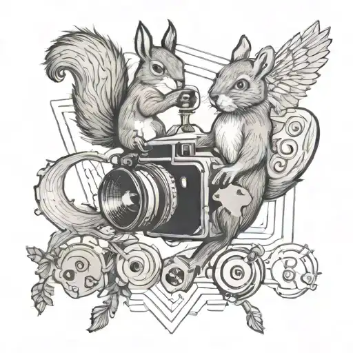 A mashup tattoo design featuring elements from Radiohead and Aphex Twin album covers, with a squirrel and goose fighting tattoo design idea