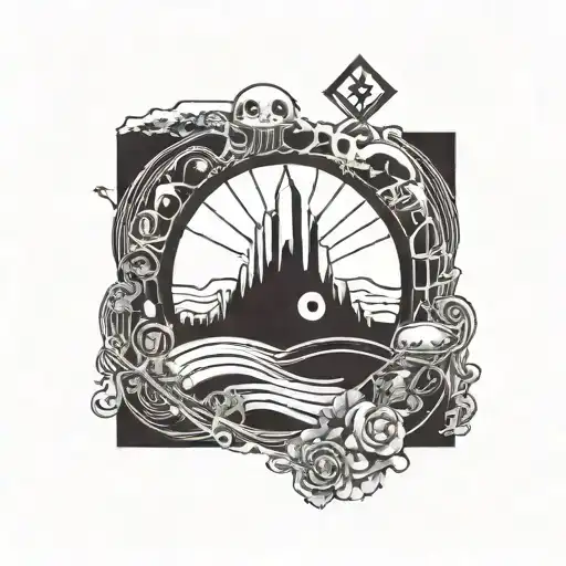 A mashup tattoo design with elements from Radiohead and Aphex Twin album covers, with norse symbol for eternal love tattoo design idea