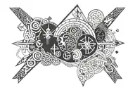 A mashup tattoo design with elements from Aphex Twin and Mogwai album covers, with norse symbols incorporated tattoo design idea