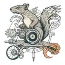 A mashup tattoo design featuring elements from Radiohead and Aphex Twin album covers, with a squirrel and goose fighting tattoo design idea
