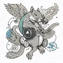 A mashup tattoo design featuring elements from Radiohead and Aphex Twin album covers, with a squirrel and goose fighting tattoo design idea