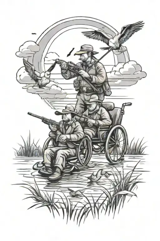 son and father in wheelchair duck hunting in marsh on a early morning with sun shine beaming through the clouds  tattoo design idea