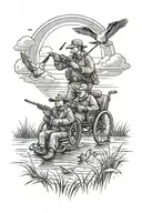 son and father in wheelchair duck hunting in marsh on a early morning with sun shine beaming through the clouds  tattoo design idea