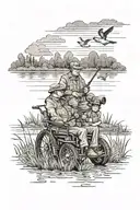 son and father in wheelchair duck hunting in marsh on a early morning with sun shine beaming through the clouds  tattoo design idea