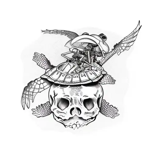 skeleton riding a sea turtle with an army helmet tattoo design idea