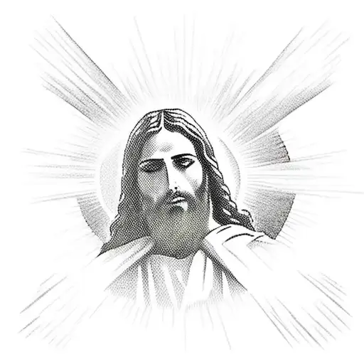 jesus on the cross on the side of a mountain over looking the ocean qith an overcast sky with sun rays shining thru tattoo design idea