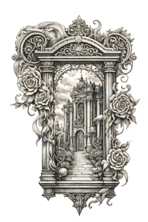Create a tattoo design featuring intricate heaven gates surrounded by symbols of hard work and dedication tattoo design idea