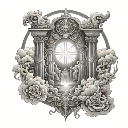 A celestial tattoo design featuring heaven gates opening up to reveal a bright light, symbolizing hope and peace tattoo design idea