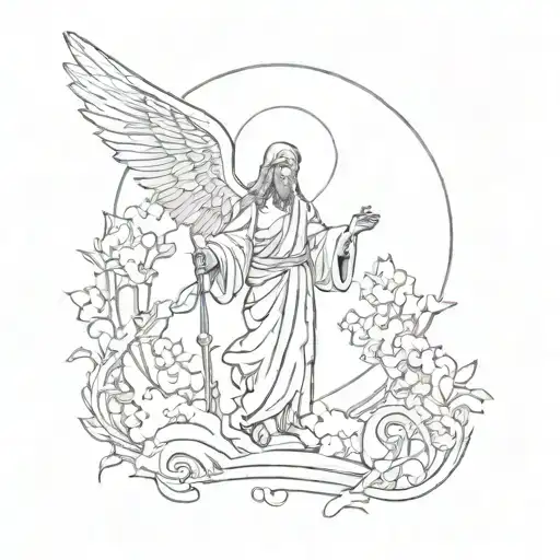 Design a tattoo showcasing a divine figure guiding someone through the gates of heaven, symbolizing strength and faith tattoo design idea