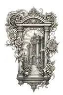 Create a tattoo design featuring intricate heaven gates surrounded by symbols of hard work and dedication tattoo design idea