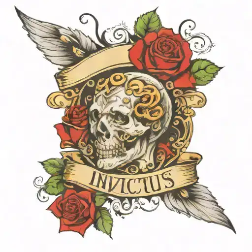 the proverb "INVICTUS MANEO" along with lionheart roses and other symbolism tattoo design idea