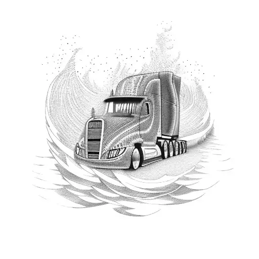 A truck driver riding a wave of flames tattoo design idea