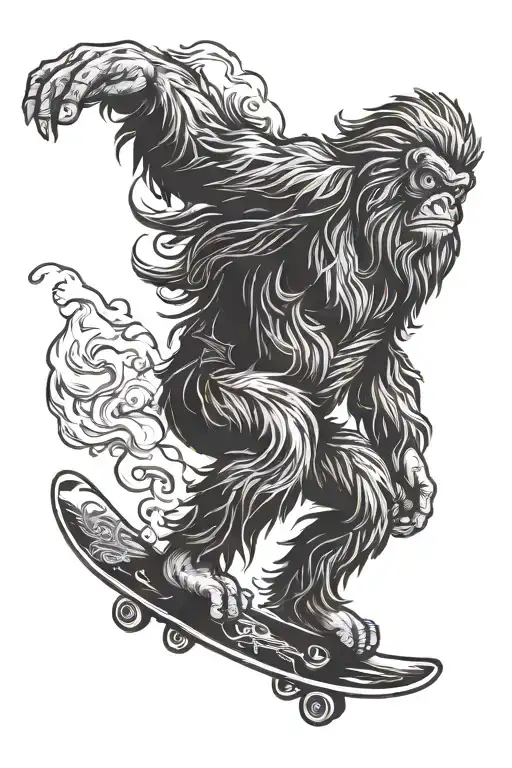 sassy sasquatch smoking blunt while skateboarding tattoo design idea
