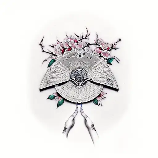 Japanese hand fan and cherry blossom tattoo design idea