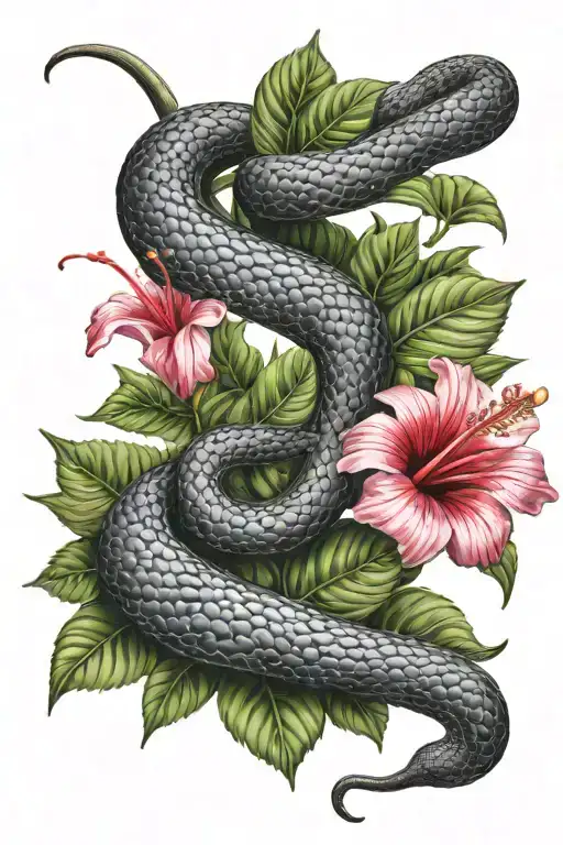 black mamba coiled in between hibiscus leaves  tattoo design idea