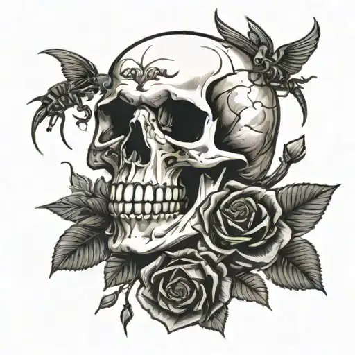 skull and roses with scorpion climbs tattoo design idea
