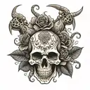 skull and roses with scorpion climbs tattoo design idea