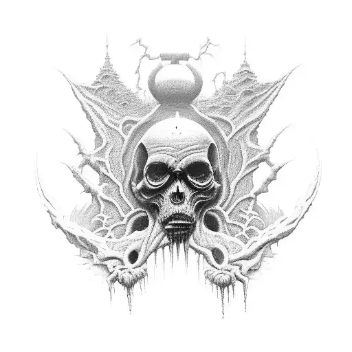 A blackwork tattoo of a Zdzisław Beksiński-inspired scene featuring a BDSM motif tattoo design idea