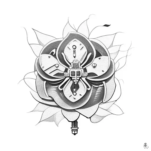 A blackwork tattoo of a sinister-looking flower with mechanical parts inspired by Gundam. tattoo design idea