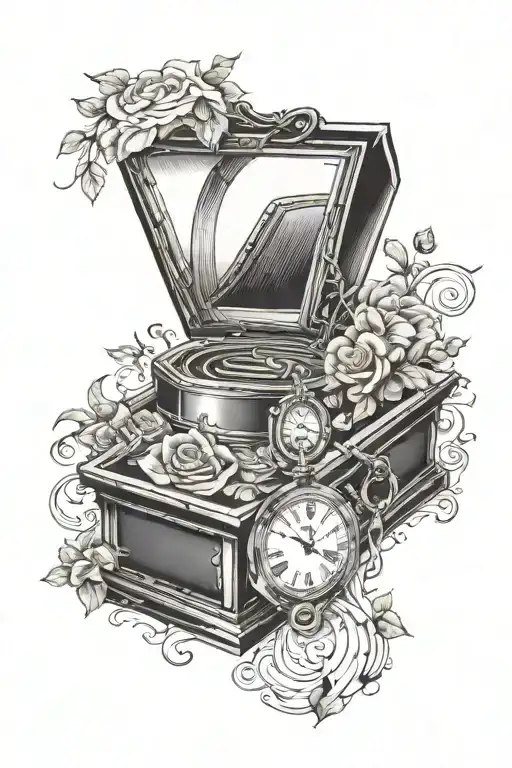 coffin, pocket watch, and music notes tattoo design idea