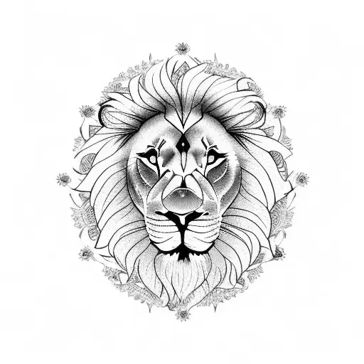 LION WITH A SUNFLOWER ABOVE AND A CLOCK tattoo design idea
