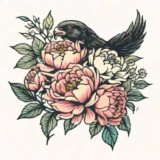 A traditional tattoo of a bouquet of peonies and roses, with hidden animal silhouettes among the flowers tattoo design idea