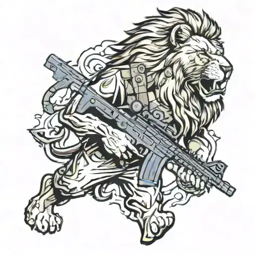 a lion who is a special forces soldier holding an assault rifle. the lion has a skull on its chest tattoo design idea