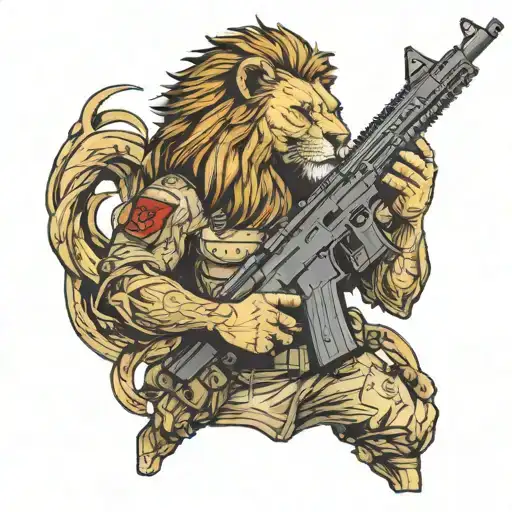 a lion who is a special forces soldier holding an assault rifle. the lion has a skull on its chest tattoo design idea