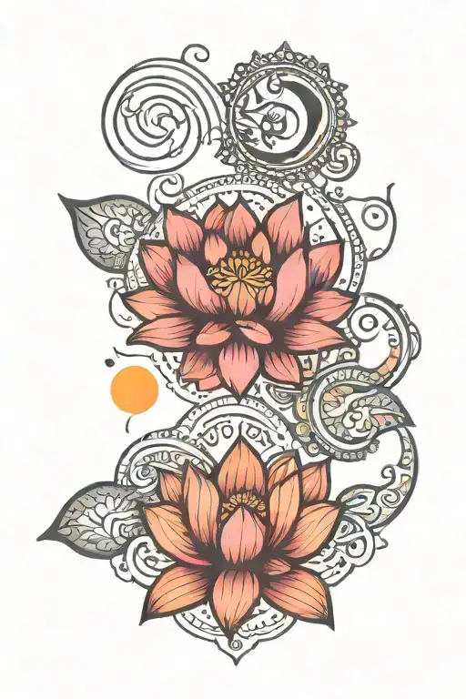 breathe sanskrit emoji, lotus, the moon and the sun,  tattoo design idea
