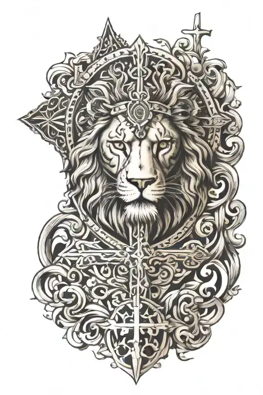 a full sleeve tattoo with the orthodox cross with lion, Christ and Roman  tattoo design idea
