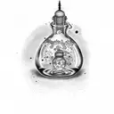 A dotwork tattoo of a magical potion bottle labeled 'Drink Me' tattoo design idea