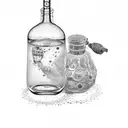 A dotwork tattoo of a magical potion bottle labeled 'Drink Me' tattoo design idea