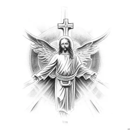 arm sleeve. catholic tattoo. Michael the archangel slaying satin at wrist. Jesus crucifix on forearm. heaven on shoulder tattoo design idea