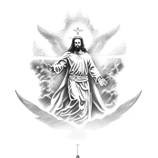 arm sleeve. catholic tattoo. Michael the archangel slaying satin at wrist. Jesus crucifix on forearm. heaven on shoulder tattoo design idea