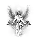 arm sleeve. catholic tattoo. Michael the archangel slaying satin at wrist. Jesus crucifix on forearm. heaven on shoulder tattoo design idea