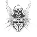 arm sleeve. catholic tattoo. Michael the archangel slaying satin at wrist. Jesus crucifix on forearm. heaven on shoulder tattoo design idea