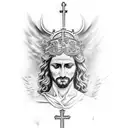 arm sleeve. catholic tattoo. Michael the archangel slaying satin at wrist. Jesus crucifix on forearm. heaven on shoulder tattoo design idea