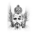 arm sleeve. catholic tattoo. Michael the archangel slaying satin at wrist. Jesus crucifix on forearm. heaven on shoulder tattoo design idea