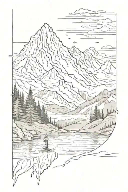 A majestic mountain range with a serene lake at the base, a swimmer diving into the water tattoo design idea
