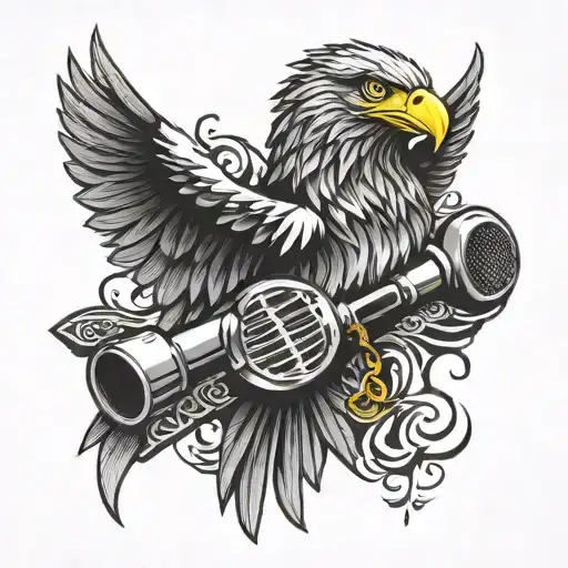A stylized microphone with eagle wings as the backdrop tattoo design idea