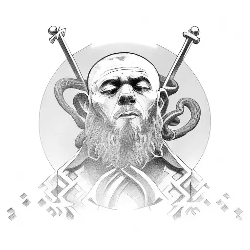 monk holding staff, crow and a snake tattoo design idea