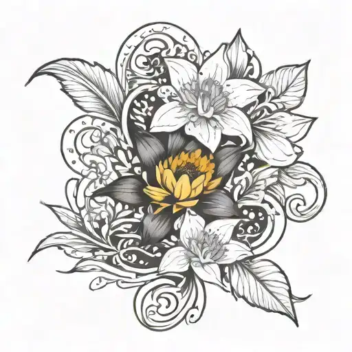wrap around tattoo with a daffodil, water lily, poppy and marigold flower with vines incorporated   tattoo design idea