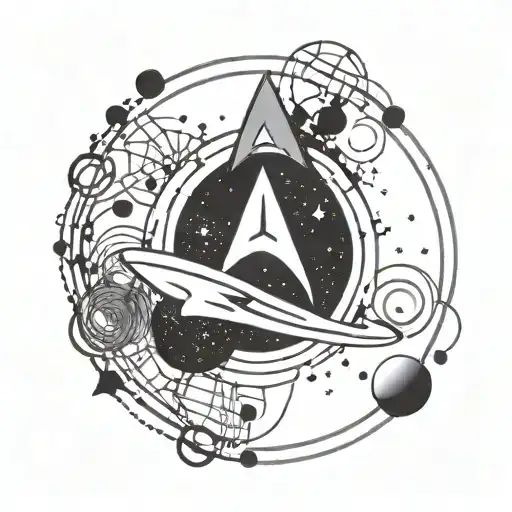 Incorporate a galaxy background with musical notes and symbols from Star Trek, Star Wars, and The Expanse tattoo design idea