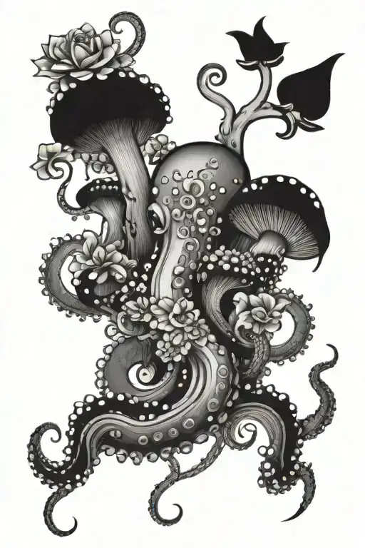 octopus tentacle with flowers and mushrooms coming off of it  tattoo design idea