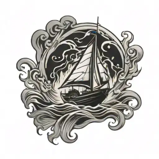 burning boat floating tattoo design idea