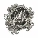 burning boat floating tattoo design idea