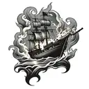 burning boat floating tattoo design idea