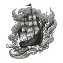 burning boat floating tattoo design idea